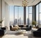 : Design modern living room interior. modern living room features high ceilings, large windows, and stunning city views.